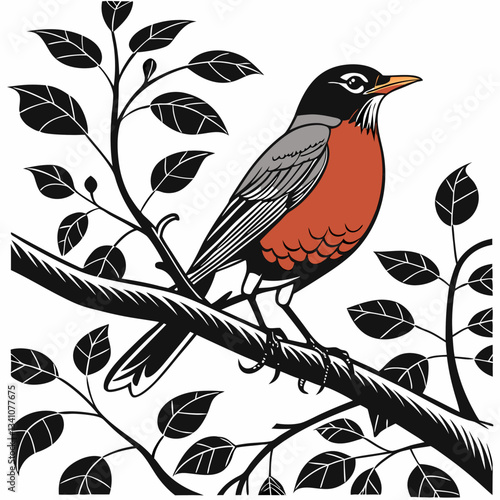 Stylized Robin Perched on a Leafy Branch