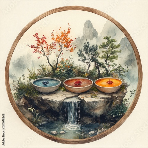 Watercolor Illustration of Five Elements in Harmony with Traditional Chinese Symbols and Pastel Colors