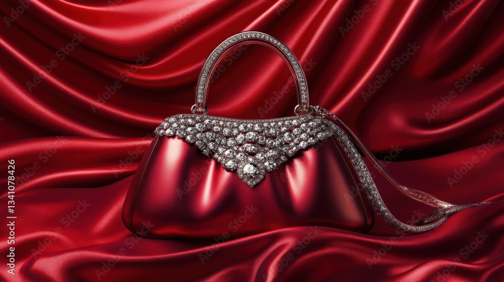 Fototapeta premium A fashion-forward diamond purse beautifully displayed on a silky red draped fabric
