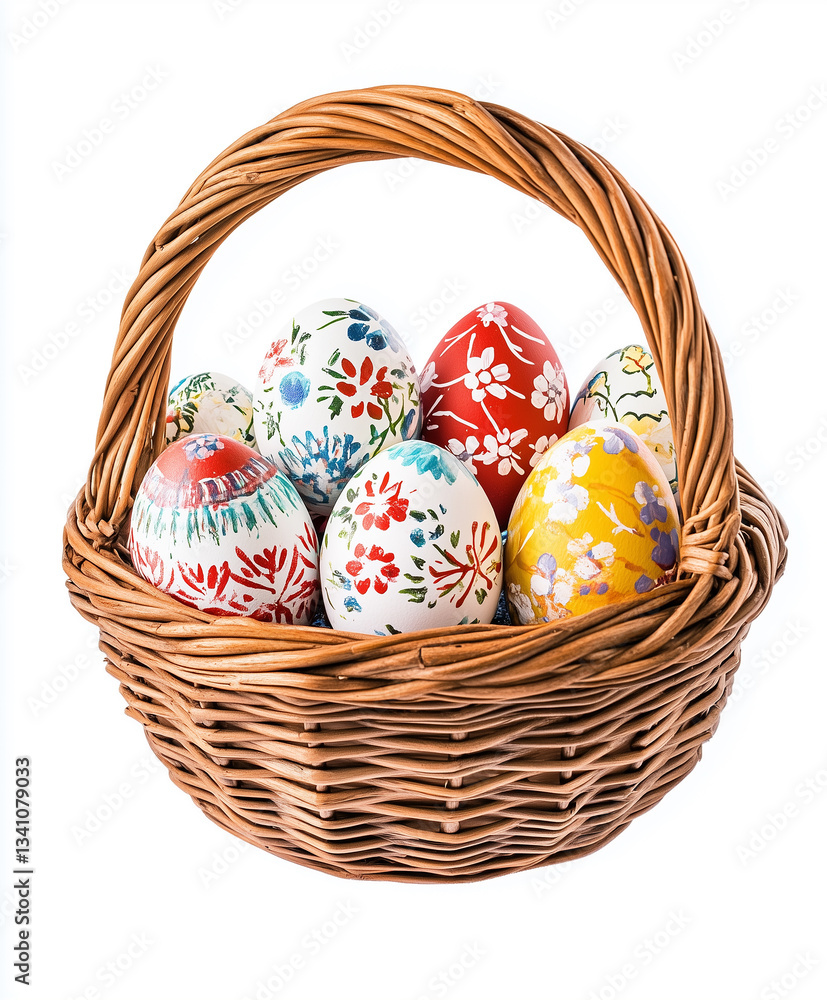 Happy Easter. Bright painted eggs in wicker basket isolated on white. Handmade decorated Easter eggs. Easter celebration concept. Happy Easter. Bright painted eggs in wicker basket isolated on white. Handmade decorated Easter eggs. Easter celebration concept.