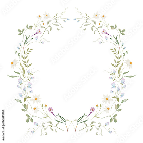 Watercolor frame with herbs and wildflowers