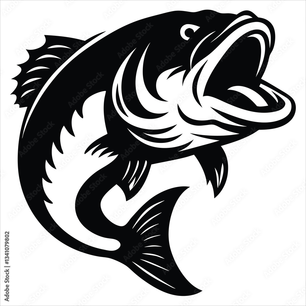 Naklejka premium A stylized black fish is depicted mid-jump above stylized water wave Fish silhouette vector art icon isolated on white, vector illustration