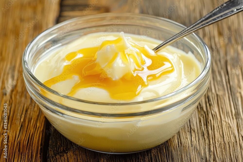 Creamy Yogurt with Honey Drizzle in Glass Bowl on Wooden Table Creamy Yogurt with Honey Drizzle in Glass Bowl on Wooden Table