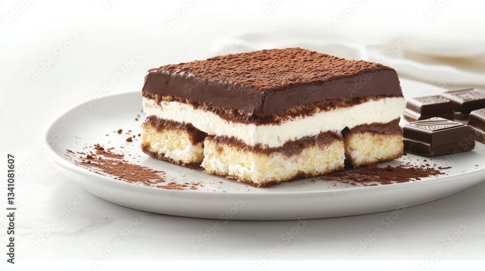 Delicious Tiramisu Dessert with Cocoa Powder and Chocolate Square Delicious Tiramisu Dessert with Cocoa Powder and Chocolate Square