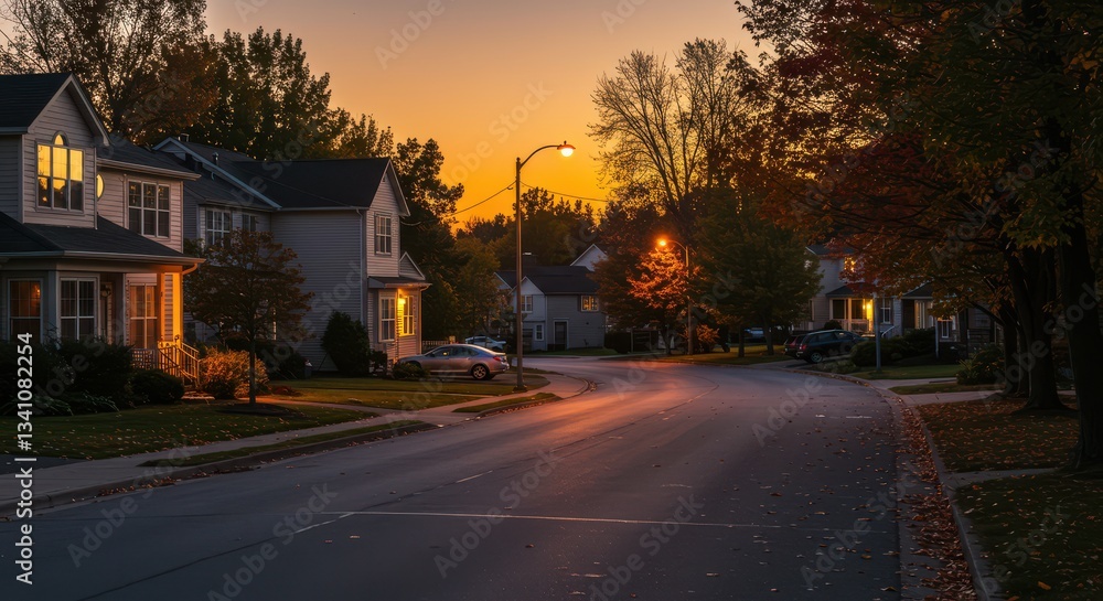 Quiet Evening in Suburban Neighborhood with Warm Sunset Glow Quiet Evening in Suburban Neighborhood with Warm Sunset Glow