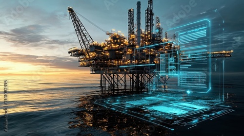 Impressive offshore oil and gas drilling platform situated on the open ocean against a dramatic sky at sunrise or sunset