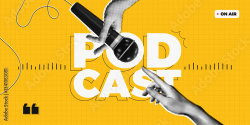 Trendy Halftone Collage Podcast broadcast. Hand holding studio microphone. Talk show and interview. Online radio news. Soundcheck concept. Streaming service. Contemporary vector illustration art