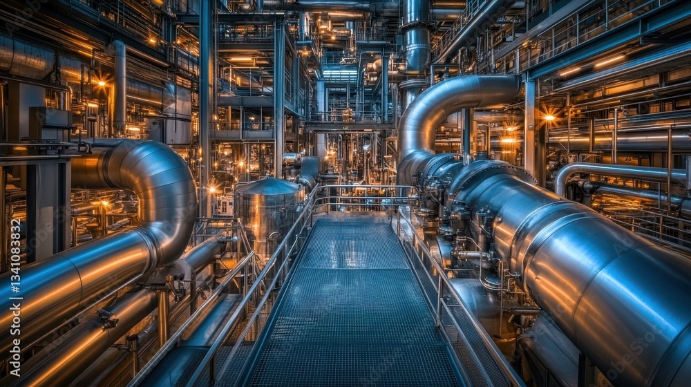 A large industrial factory interior with metallic pipes and glowing lights on a blue-toned background A large industrial factory interior with metallic pipes and glowing lights on a blue-toned background