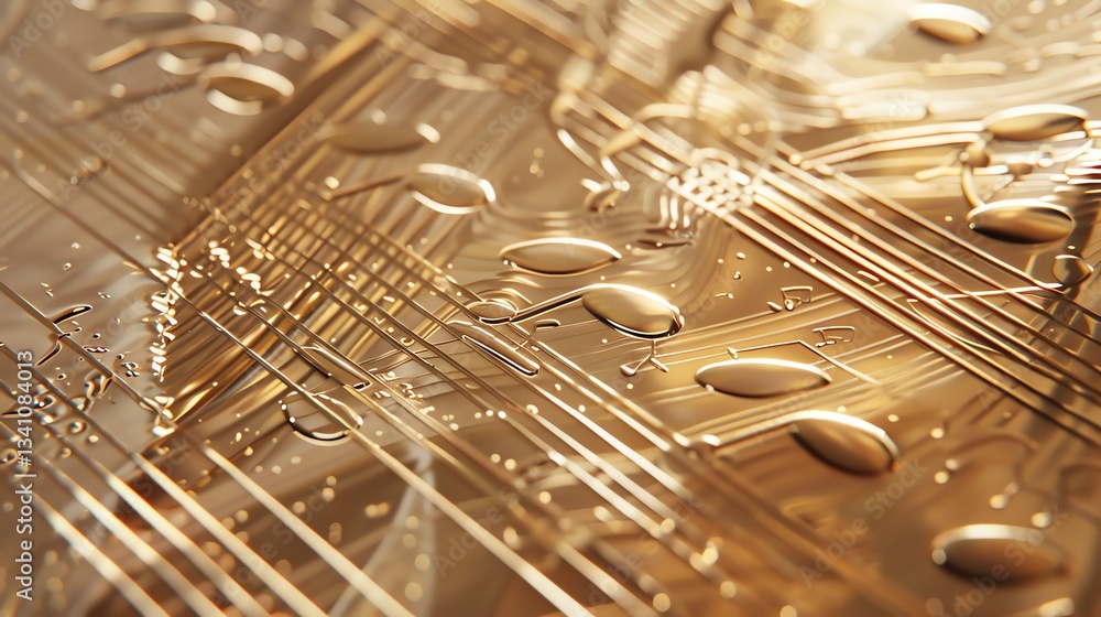 Fototapeta premium Musical notes embossed on a gold surface with a drop of water on top.