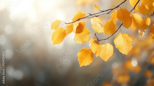 A branch of golden autumn leaves illuminated by soft sunlight represents the essence of fall, highlighting nature's beauty, warmth, and the calming atmosphere of the season.