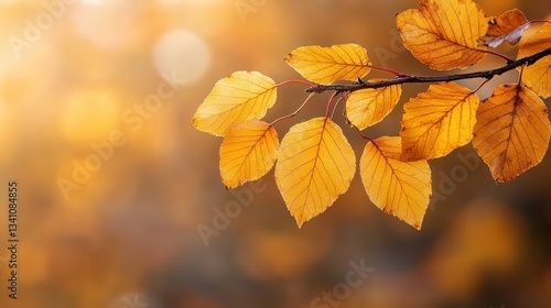 A branch adorned with vibrant yellow autumn leaves captures the essence of fall, showcasing nature's beauty, seasonal change, and the transition of time.