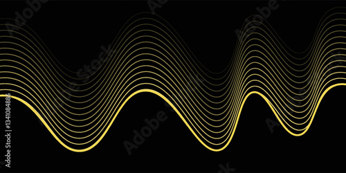 Elegant abstract line art on black background. Luxury hand drawn and golden texture with gold wavy line