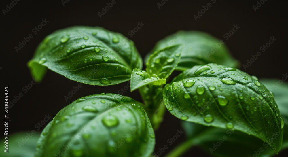 Fototapeta premium Fresh Basil Leaves with Water Droplets Against Dark Background