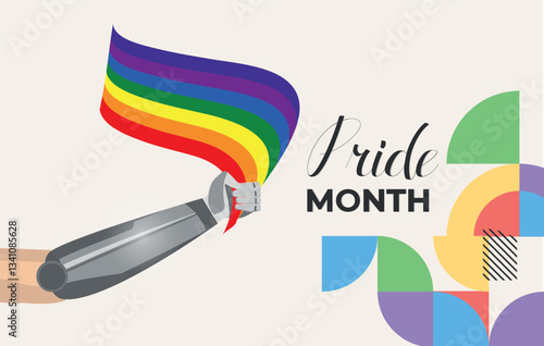 Pride Month Illustration. Robotic Hand Holding LGBT Rainbow Flag. Futuristic Equality Concept. A man with a prosthesis holds a flag of equality. Editable image.