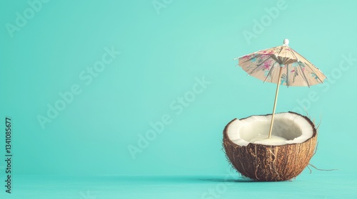 Wallpaper Mural Refreshing tropical coconut cocktail served in a fresh coconut shell with a decorative umbrella against a soothing turquoise background evoking a sense of relaxation and escape Torontodigital.ca