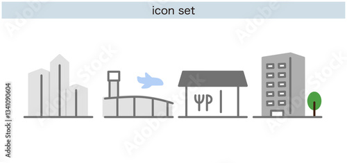 アイコン, 建物, 都市, ビル, 高層ビル, 空港, 飛行機, レストラン, カフェ, マンション, 住宅, 街並み, インフラ, 公共施設, フラットデザイン, シンプル, ビジネス, 交通, 観光, 不動産, 都市開発, 商業施設, インフォグラフィック, 看板, ショップ, 駅, 図解, デザイン素材, 都会, ビジュアル, 家, シティ, ベクター, イラスト, デザイン, シンボル, 