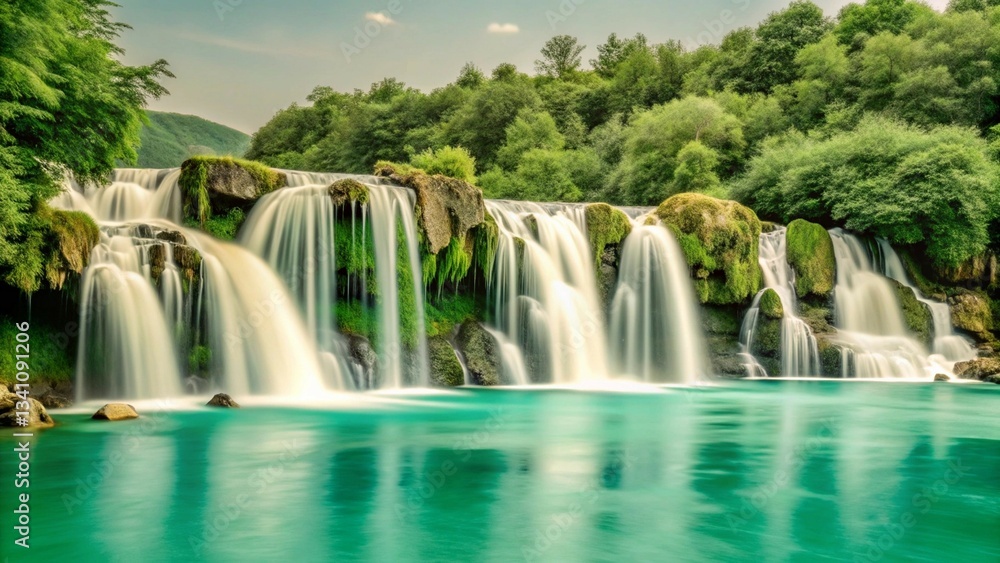 Naklejka premium Serene artwork of a blue waterfall, with mesmerizing turquoise hues and contrasting scenery