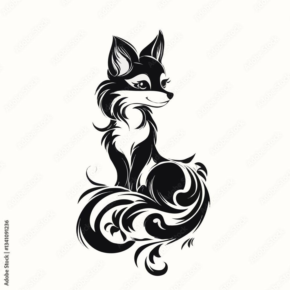 Obraz premium Whimsical Black Fox with Curly Tail Sitting Against Floral Background