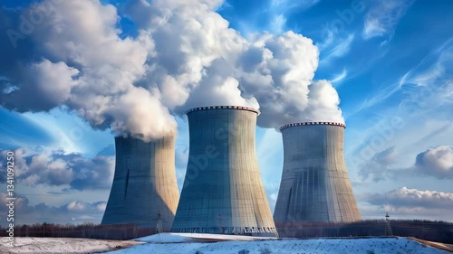 video of Cooling towers of a nuclear power plant set against a blue sky 