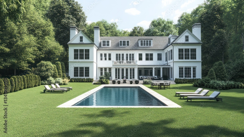 Fototapeta premium Luxury White Mansion with Pool and Lush Greenery