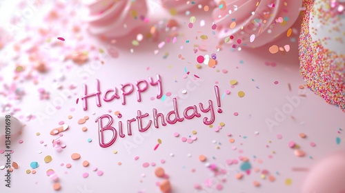 A vibrant birthday celebration with pink-themed confetti, colorful decorations, and a festive cake. The image captures a joyful atmosphere with playful confetti bursts