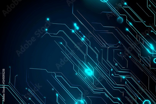 Obraz na płótnie Abstract close-up of a glowing blue digital circuit board, showcasing intricate connections and technological design on a black background.
w salonie