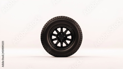 Black Off-Road Tire with Detailed Tread Pattern on Neutral Background