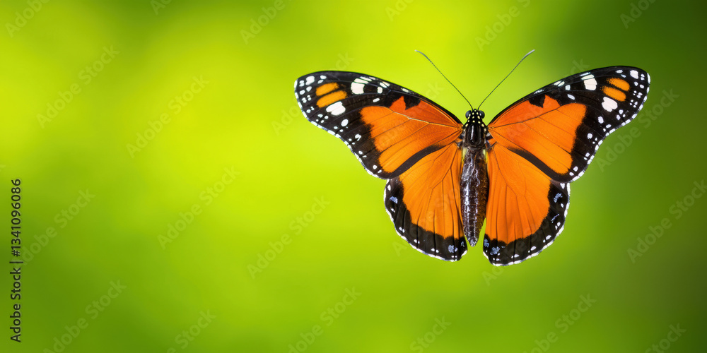 Naklejka premium A vibrant butterfly with orange and black wings flutters gracefully against a soft green background, showcasing nature's beauty and delicate elegance.