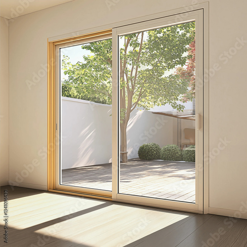 A modern sliding door opens to a serene outdoor space with greenery and a wooden deck, illuminated by natural sunlight.