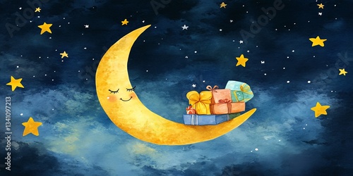 Wallpaper Mural A crescent moon with a face holding stacked gifts in a starry night sky background art piece Torontodigital.ca
