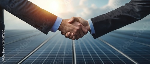 Businessmen handshake in front of solar panels at sunset, symbolizing green energy deal.