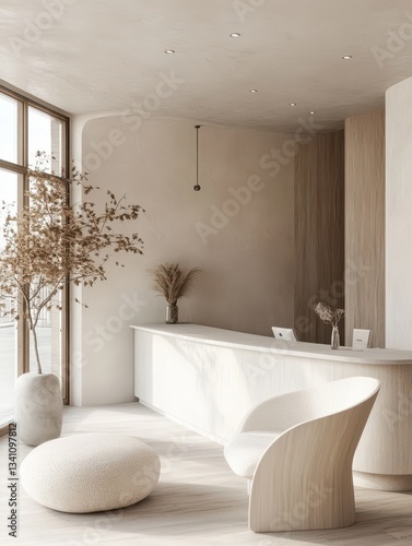 A minimalist reception area with natural light and neutral tones