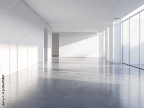 A large, empty room with a white wall and a white floor. There is a window in the room