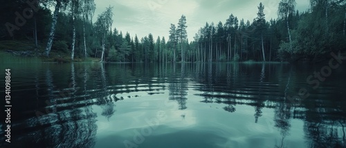 Fototapeta Naklejka Na Ścianę i Meble -  A calm lake in a deep forest, reflecting the surrounding trees and sky