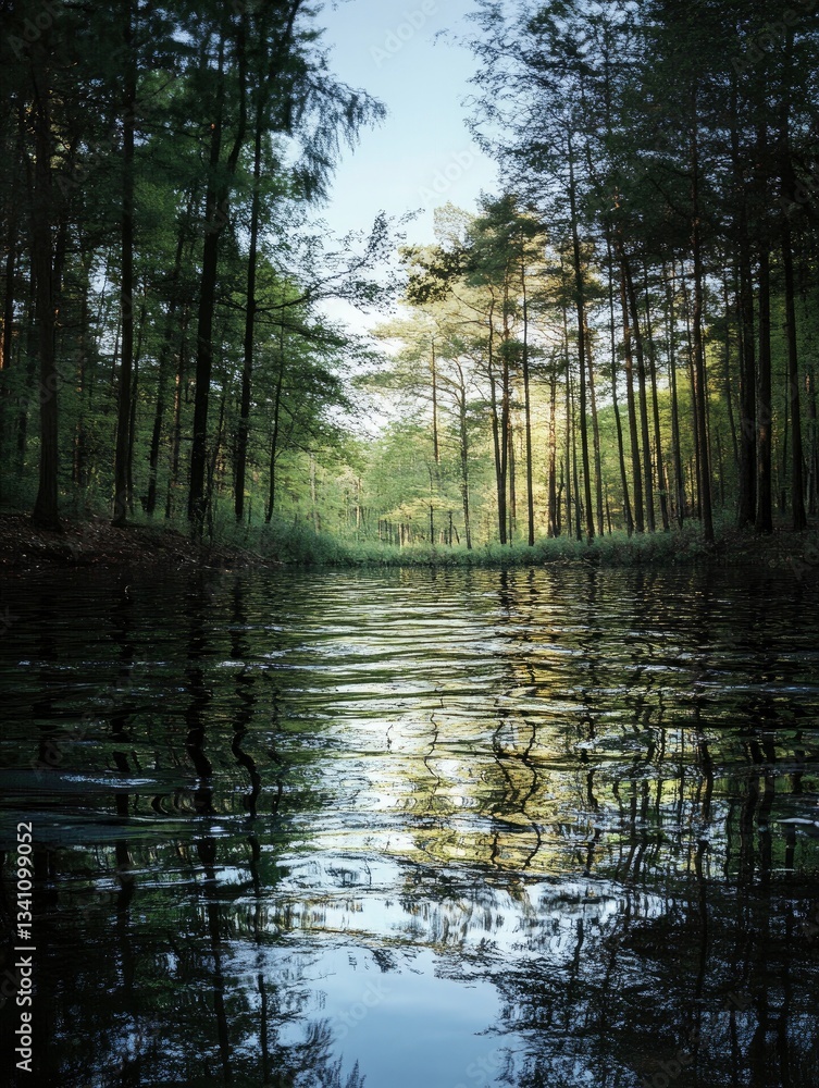 A calm lake in a deep forest, reflecting the surrounding trees and sky A calm lake in a deep forest, reflecting the surrounding trees and sky
