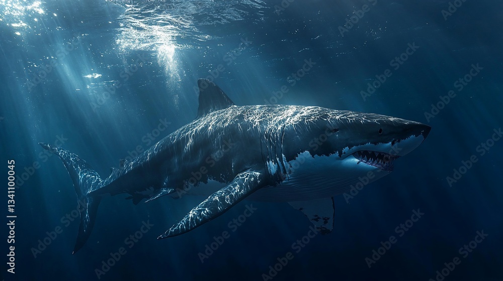Fototapeta premium Great White Shark Swimming Elegantly Beneath the Ocean Surface Rays