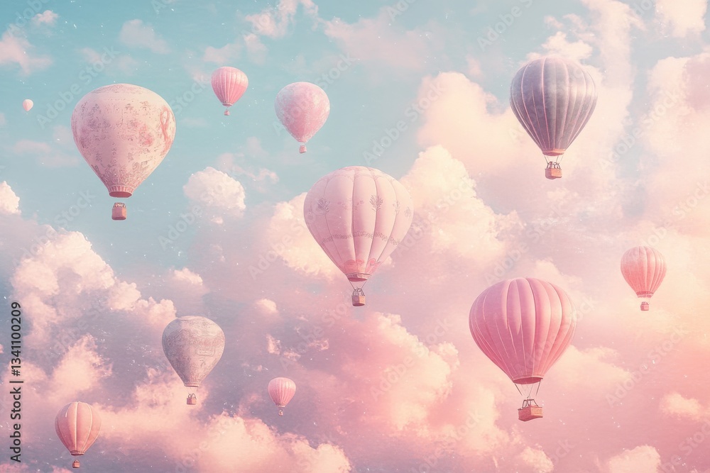 Fototapeta premium Pastel Hot Air Balloons in Dreamy Sky