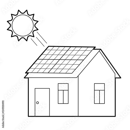 Solar panels on the roof house. Energy efficiency concept, home with solar pannels. Vector isolated outline drawing