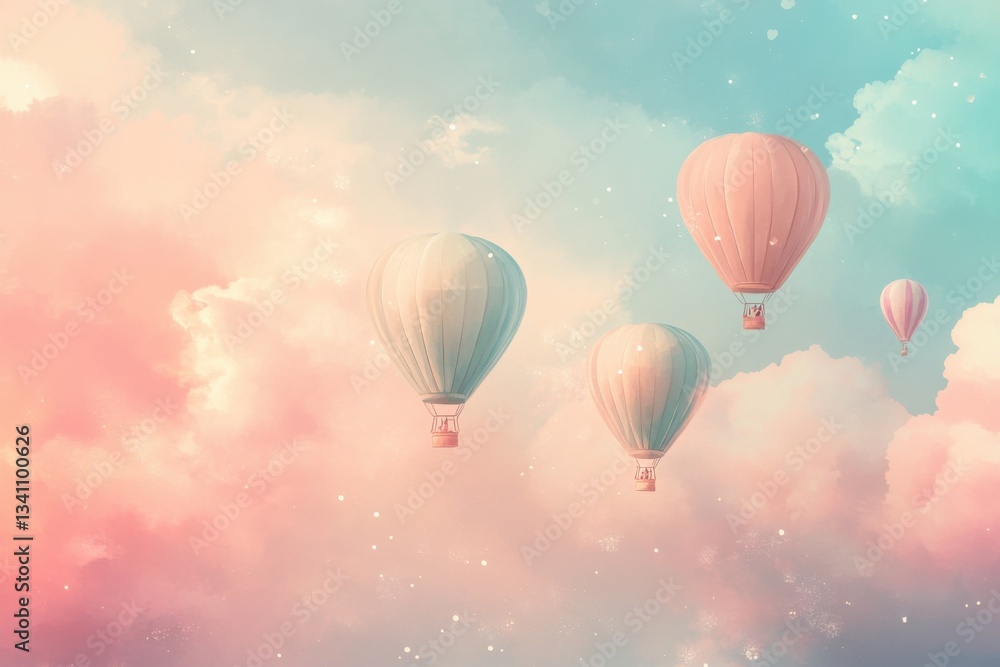 Naklejka premium Pastel Dream: Hot Air Balloons in a Cloudy Sky
