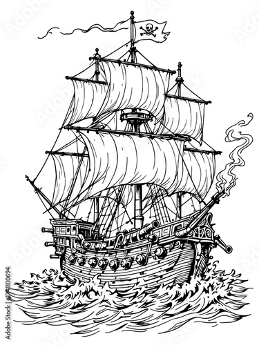 Vsai pirate ship sailing on rough sea with skull and crossbones flag