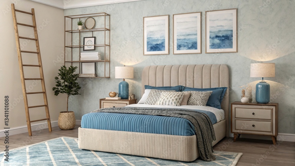Fototapeta premium A cozy bedroom interior, showcasing a modern minimalist design. The color scheme is primarily blue and beige. A ribbed headboard anchors the room. Abstract watercolor paintings are displayed on the 