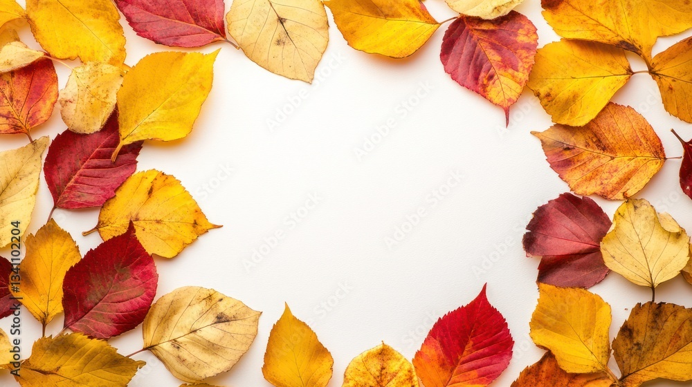 Fototapeta premium Autumn leaves frame on white background. Possible use nature backdrop (1)