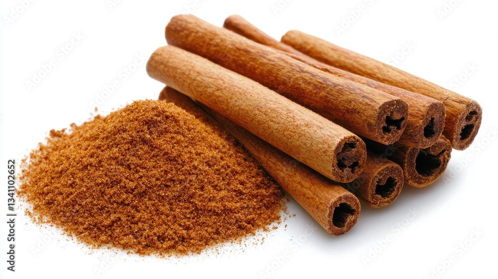Cinnamon Sticks and Ground Cinnamon on White Background Cinnamon Sticks and Ground Cinnamon on White Background
