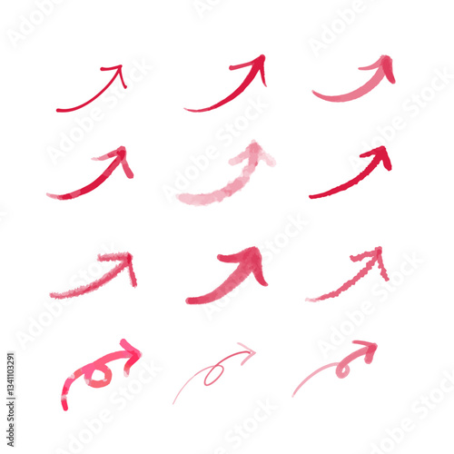 水彩、筆ペンの手書き上昇矢印のイラストセット (赤色)