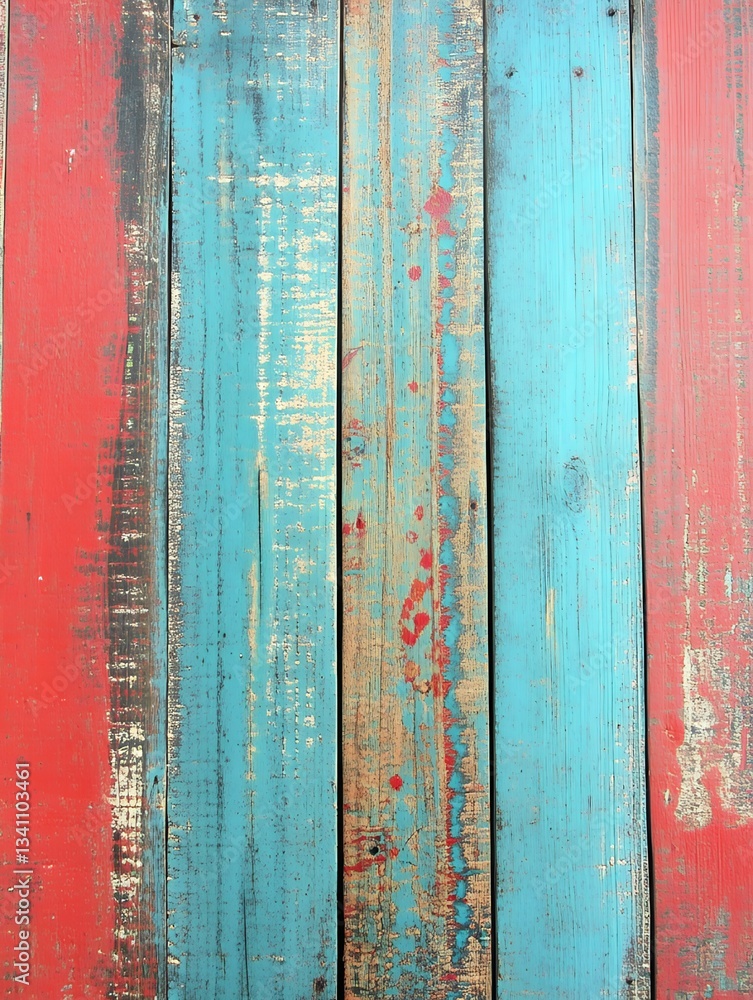 A close up of a weathered wooden surface with red and blue paint in a vertical arrangement A close up of a weathered wooden surface with red and blue paint in a vertical arrangement