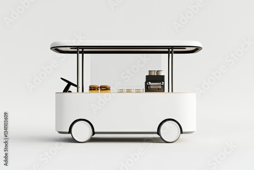 Fototapeta Naklejka Na Ścianę i Meble -  Modern, white food truck design.  Compact, mobile eatery, perfect for events.  Simple, clean lines.  Includes food and drink prep area