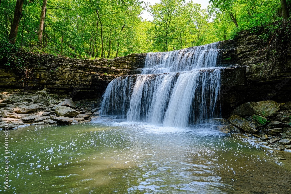 Fototapeta premium Serene waterfall cascading into a tranquil pool amidst lush forest