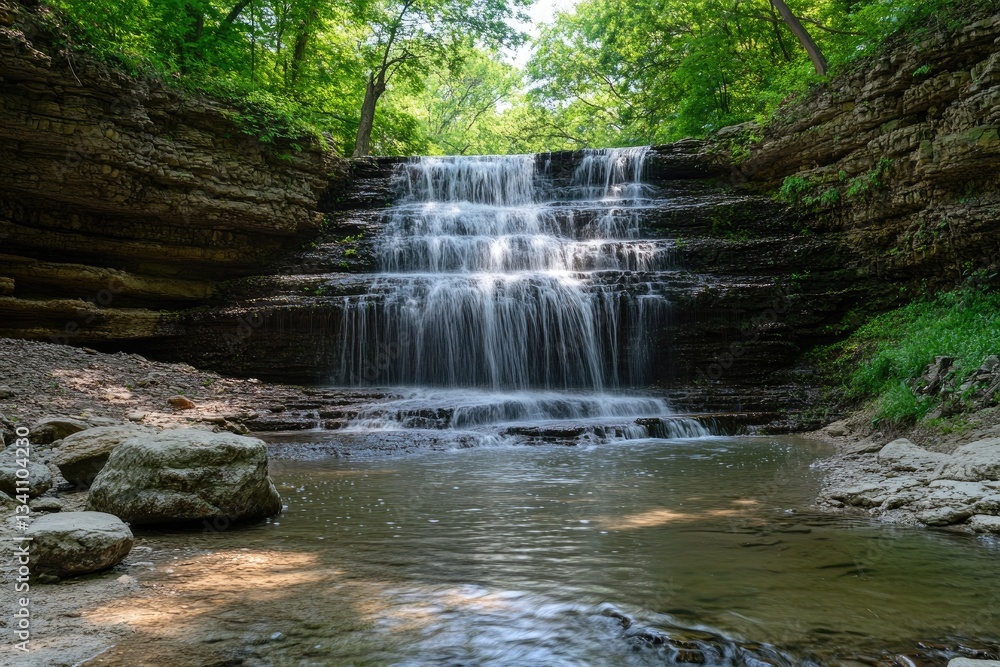 Cascading waterfall in a rocky ravine. Lush greenery surrounds a tiered waterfall Cascading waterfall in a rocky ravine. Lush greenery surrounds a tiered waterfall