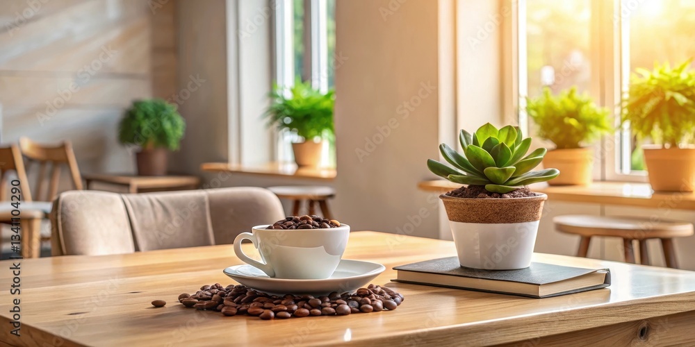 Aromatic Coffee Beans Resting on a Wooden Table Next to a Succulent Plant and a Book in a Sunny Cafe Setting Aromatic Coffee Beans Resting on a Wooden Table Next to a Succulent Plant and a Book in a Sunny Cafe Setting