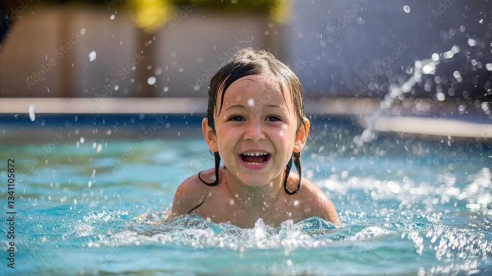 Child's joyful expression in a swimming pool, vibrant colors and soft bokeh background. Pure happiness in summer. Child's joyful expression in a swimming pool, vibrant colors and soft bokeh background. Pure happiness in summer.